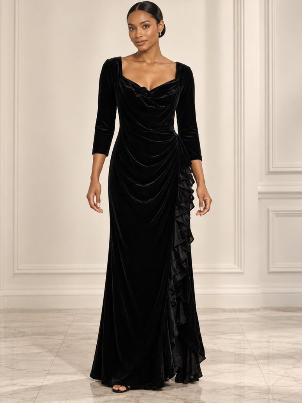 Badgley Mischka Black Velvet Draped Side Ruffle Long Evening Gown US 8 EUC